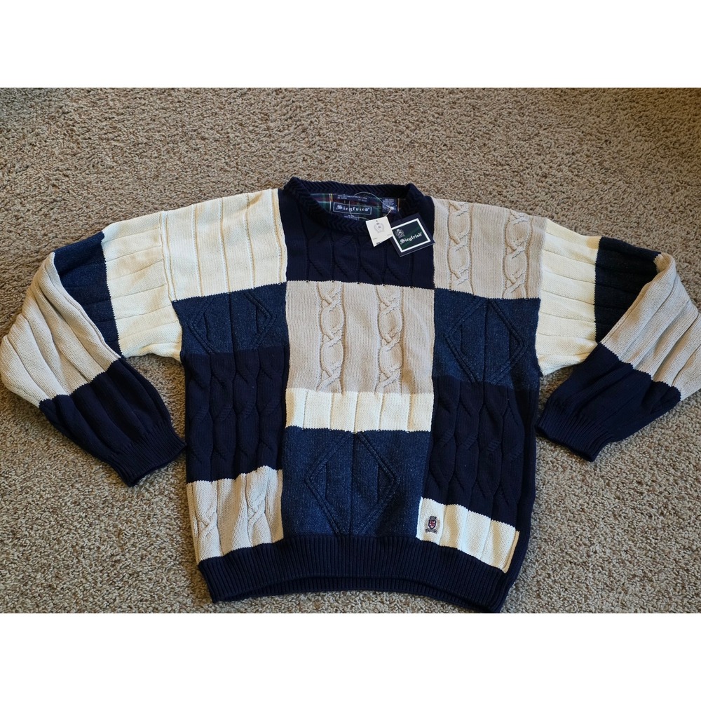 Siegfried Mens Patchwork Cable Knit Sweater Navy Blue Cream 1X Big 2556X NEW